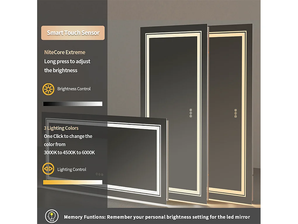 Miroir salle de bain led 100x60cm anti-buée 3 couleurs réglables IP67  miroir connecté avec prise