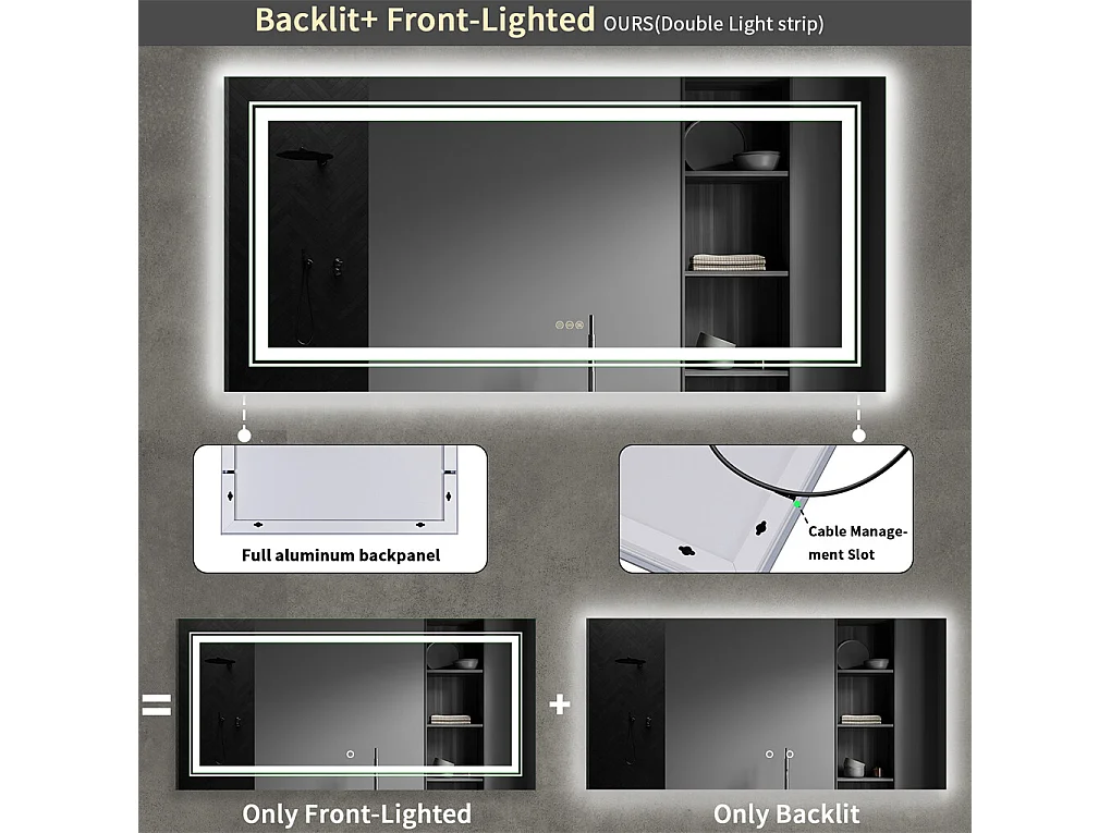 Miroir salle de bain led 100x60cm anti-buée 3 couleurs réglables IP67  miroir connecté avec prise