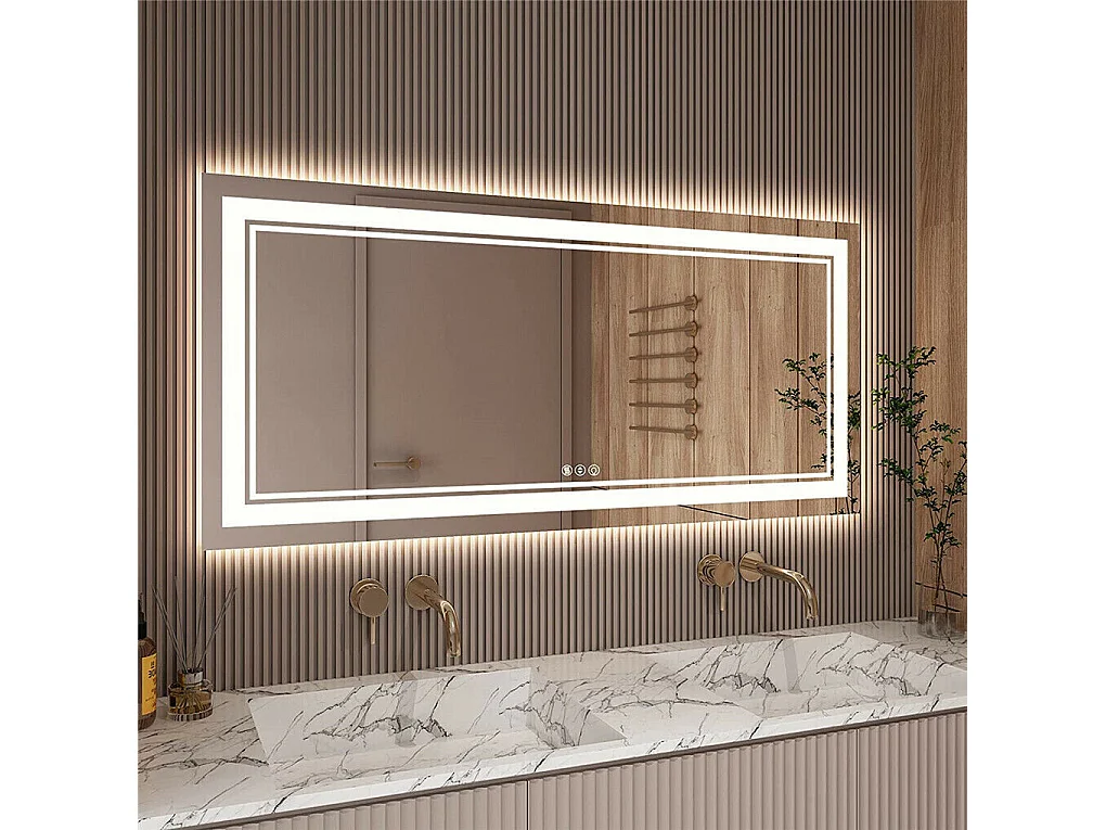 Miroir salle de bain led 100x60cm anti-buée 3 couleurs réglables IP67  miroir connecté avec prise
