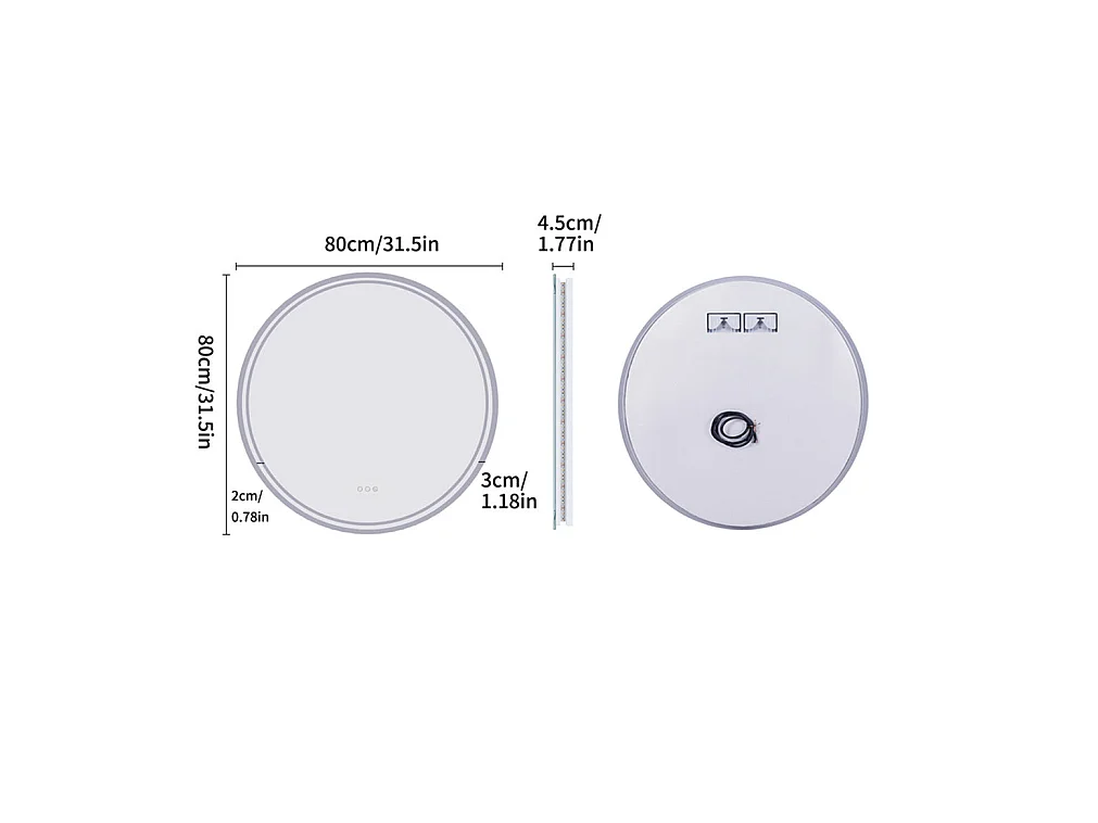 Runder LED-Badezimmerspiegel, beschlagfreier Wandspiegel mit 3 einstellbaren Farben, 80 x 80 cm