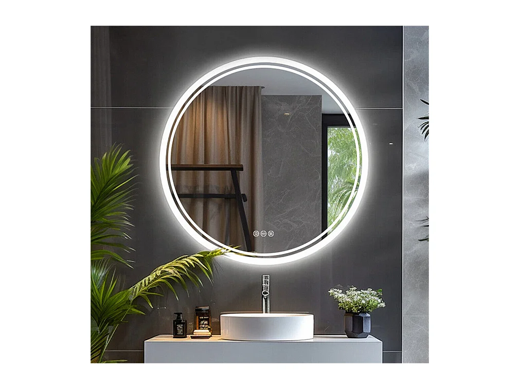 Miroir salle de bain led rond miroir mural anti-buée avec 3 couleurs réglables 80x80cm