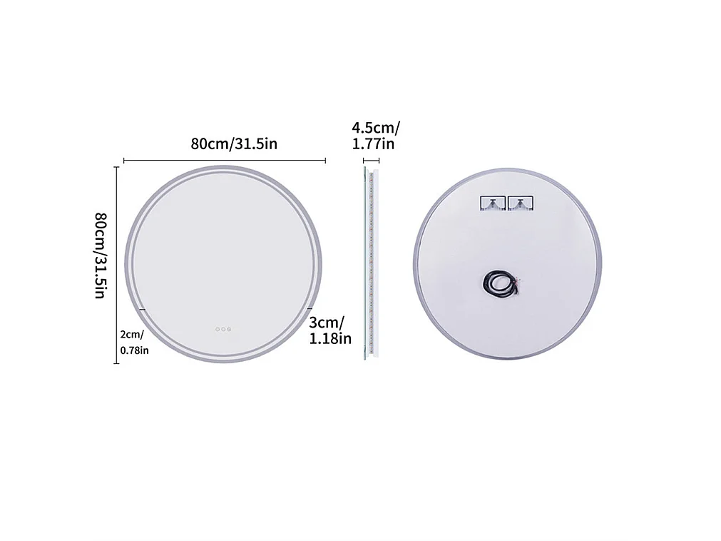 Runder LED-Badezimmerspiegel, beschlagfreier Wandspiegel mit 3 einstellbaren Farben, 80 x 80 cm