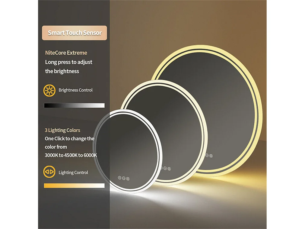 Runder LED-Badezimmerspiegel, beschlagfreier Wandspiegel mit 3 einstellbaren Farben, 80 x 80 cm