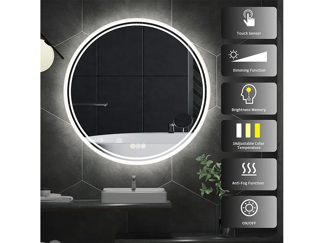 Runder LED-Badezimmerspiegel, beschlagfreier Wandspiegel mit 3 einstellbaren Farben, 80 x 80 cm