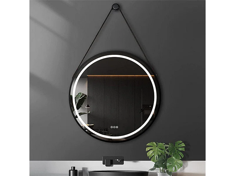 Runder LED Badezimmerspiegel 80cm schwarz mit 3 einstellbaren Farben Antibeschlag 80x80cm