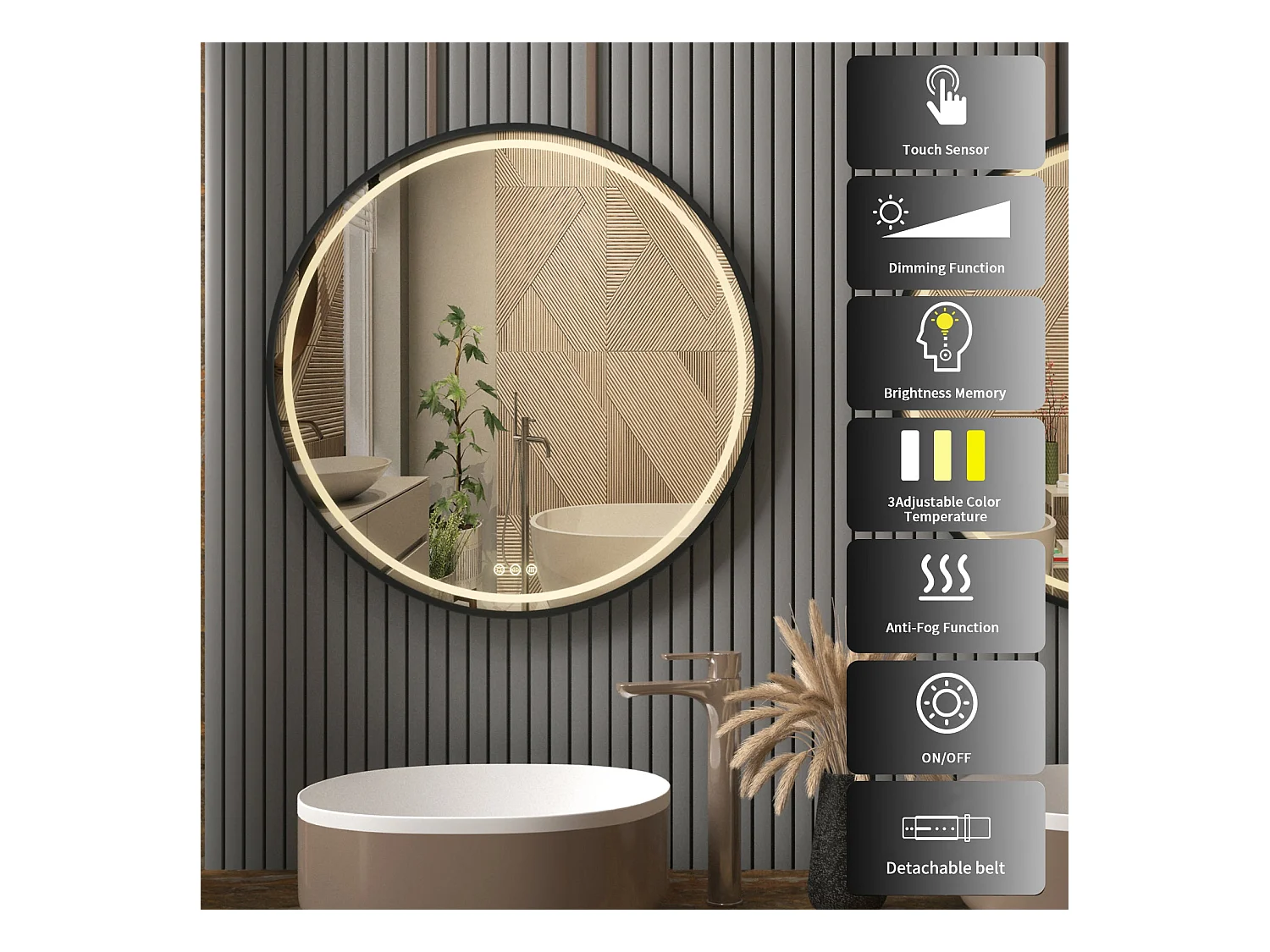 Espejo de baño LED redondo 80cm negro con 3 colores ajustables antivaho 80x80cm