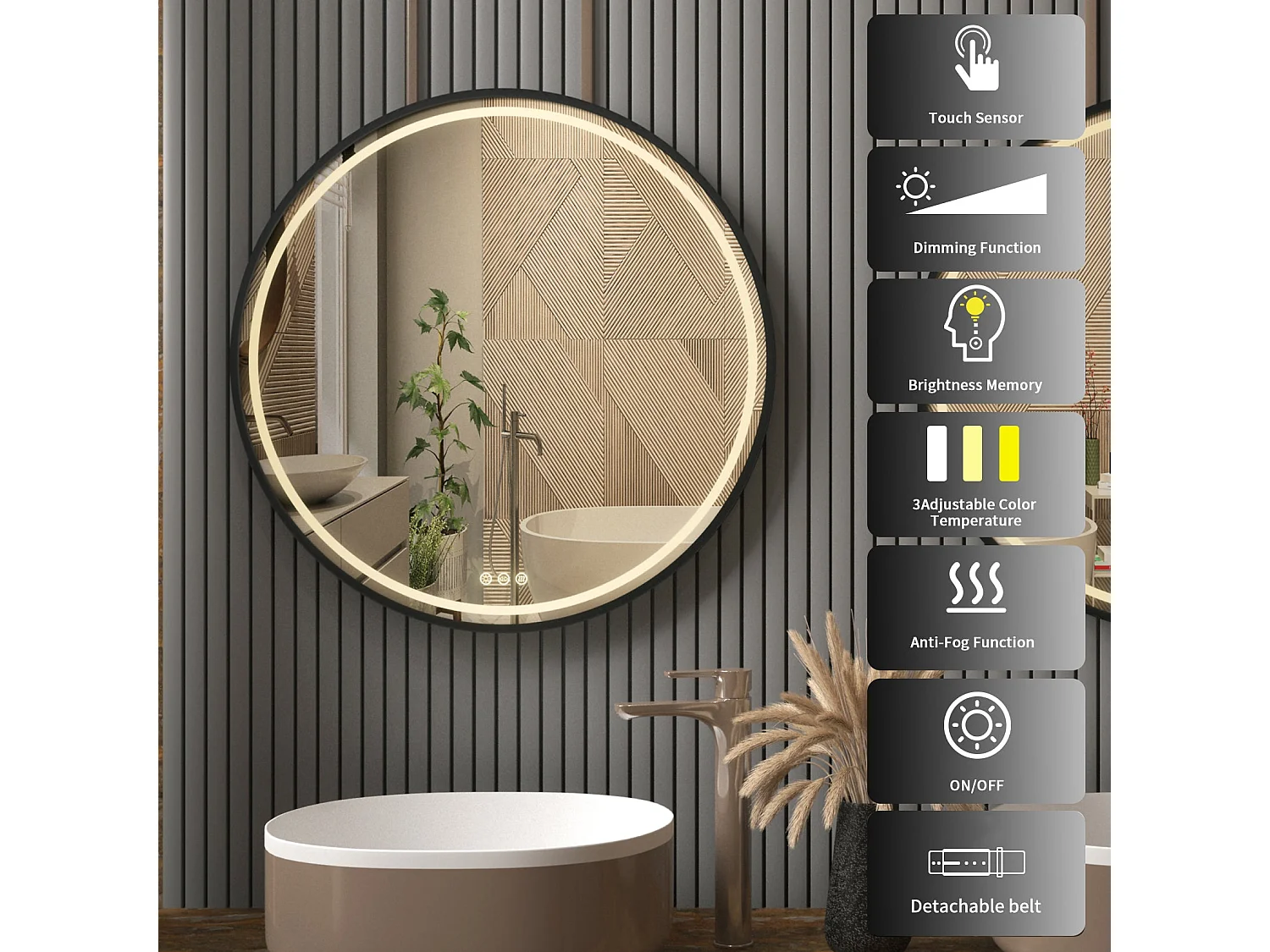 Runder LED Badezimmerspiegel 80cm schwarz mit 3 einstellbaren Farben Antibeschlag 80x80cm