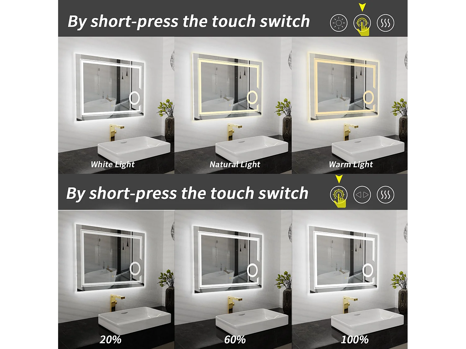 Miroir salle de bain led miroir mural lumineux anti bueé grossissant 90x70cm