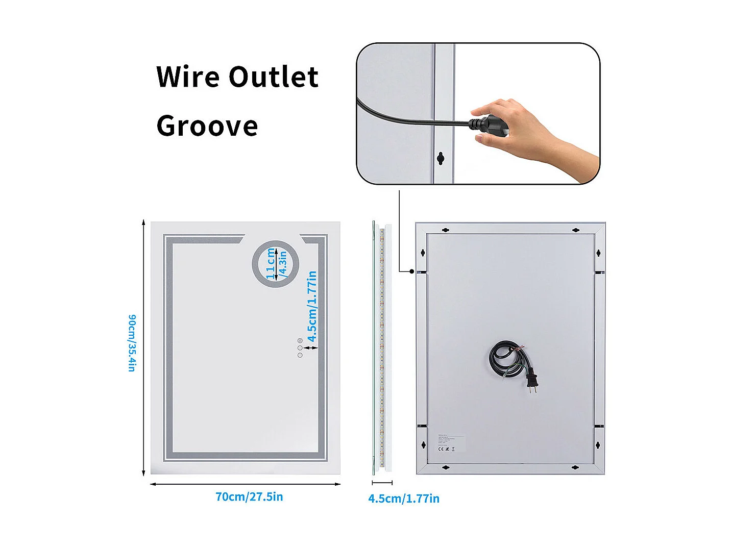 Miroir salle de bain led miroir mural lumineux anti bueé grossissant 90x70cm