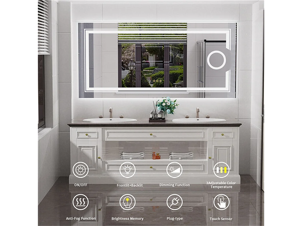 Miroir salle de bain led miroir mural lumineux anti bueé grossissant 90x70cm