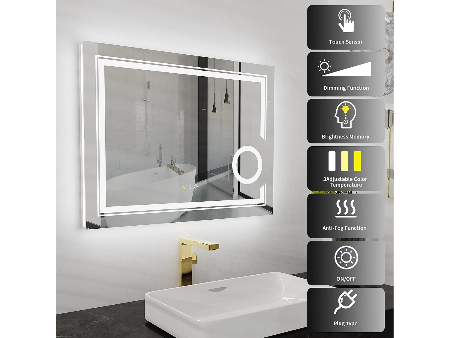 Miroir salle de bain led miroir mural lumineux anti bueé grossissant 90x70cm