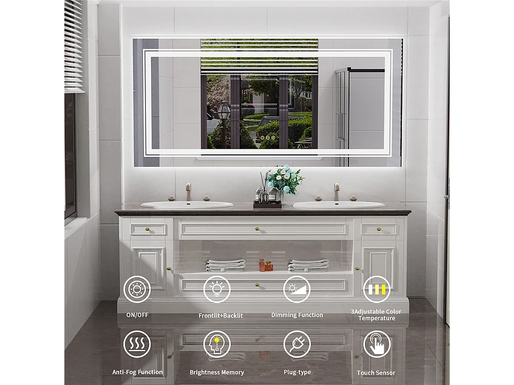 Miroir de salle de bain led 120x80cm rectangulaire miroir mural lumière anti-buée 120x80cm