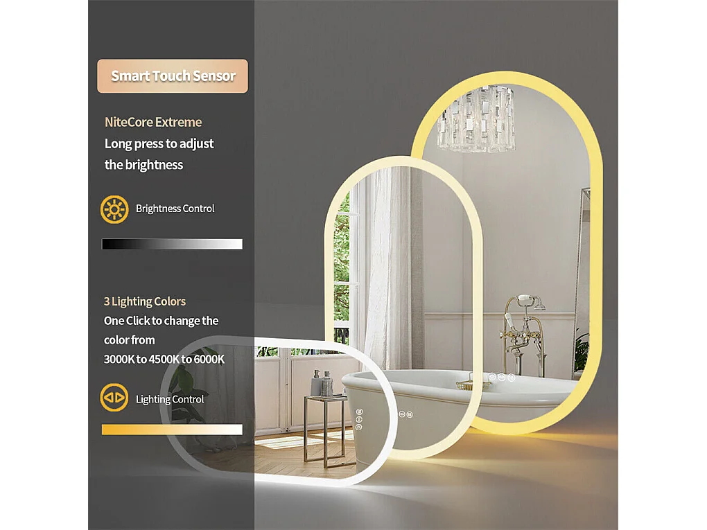 Ovaler LED Badezimmerspiegel 120x60cm beleuchteter Spiegel mit 3 einstellbaren Farben Antibeschlag 60x120cm