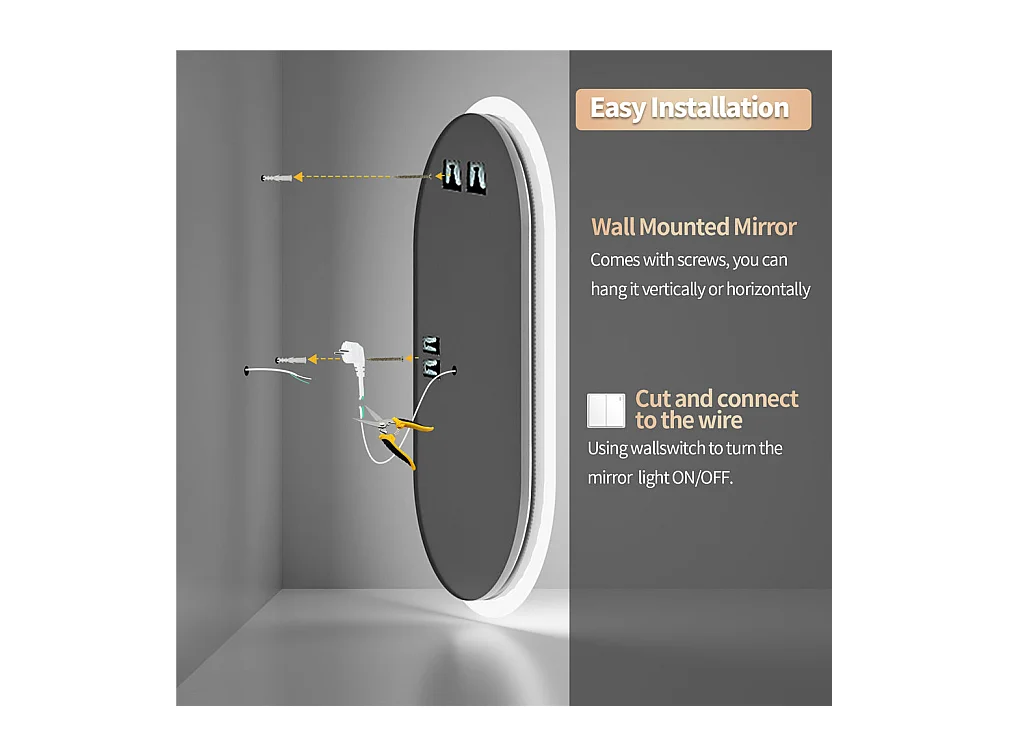 Miroir salle de bain led ovale 120x60cm miroir lumineux avec 3 couleurs réglables anti buée 60x120cm