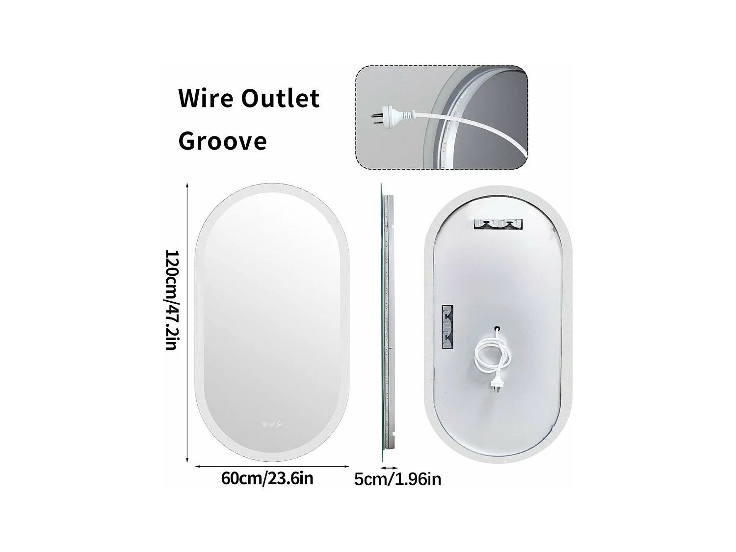 Miroir salle de bain led ovale 120x60cm miroir lumineux avec 3 couleurs réglables anti buée 60x120cm