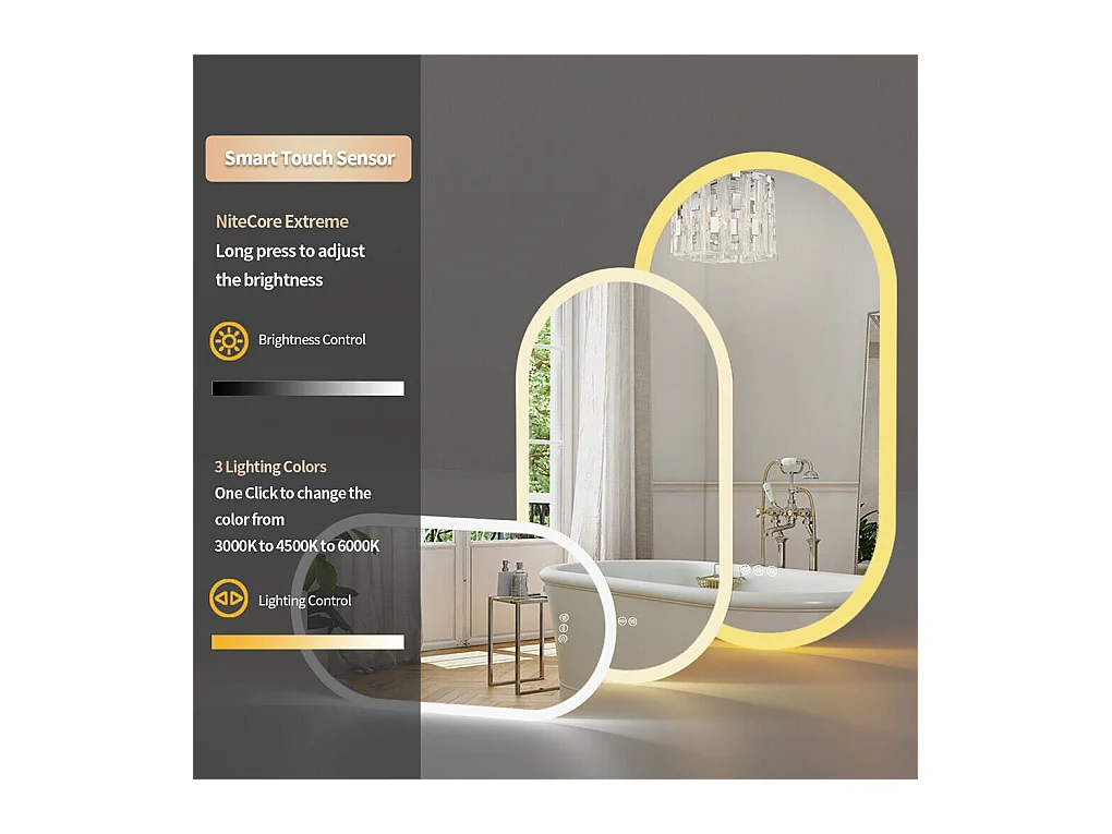 Miroir salle de bain led ovale 120x60cm miroir lumineux avec 3 couleurs réglables anti buée 60x120cm