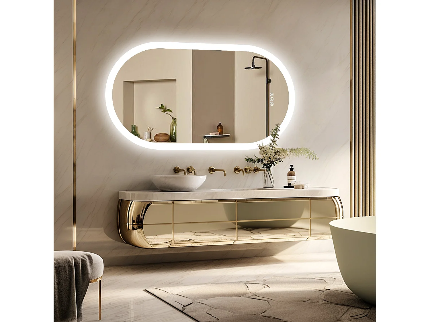 Miroir salle de bain led ovale 120x60cm miroir lumineux avec 3 couleurs réglables anti buée 60x120cm