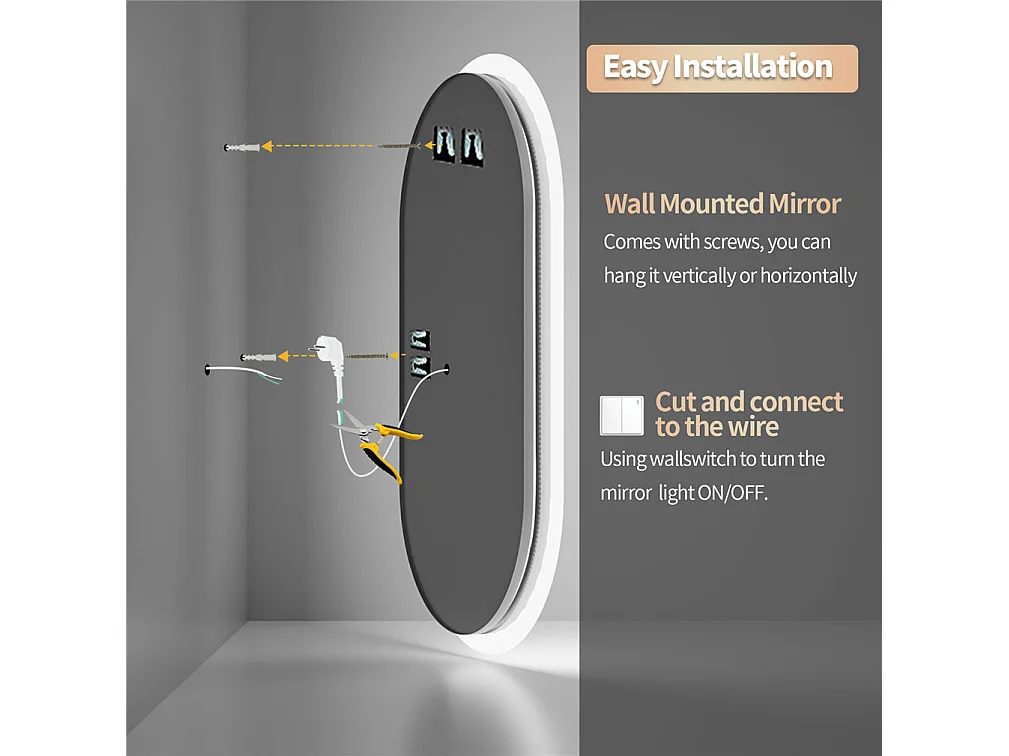 Miroir salle de bain led ovale 120x60cm miroir lumineux avec 3 couleurs réglables anti buée 60x120cm