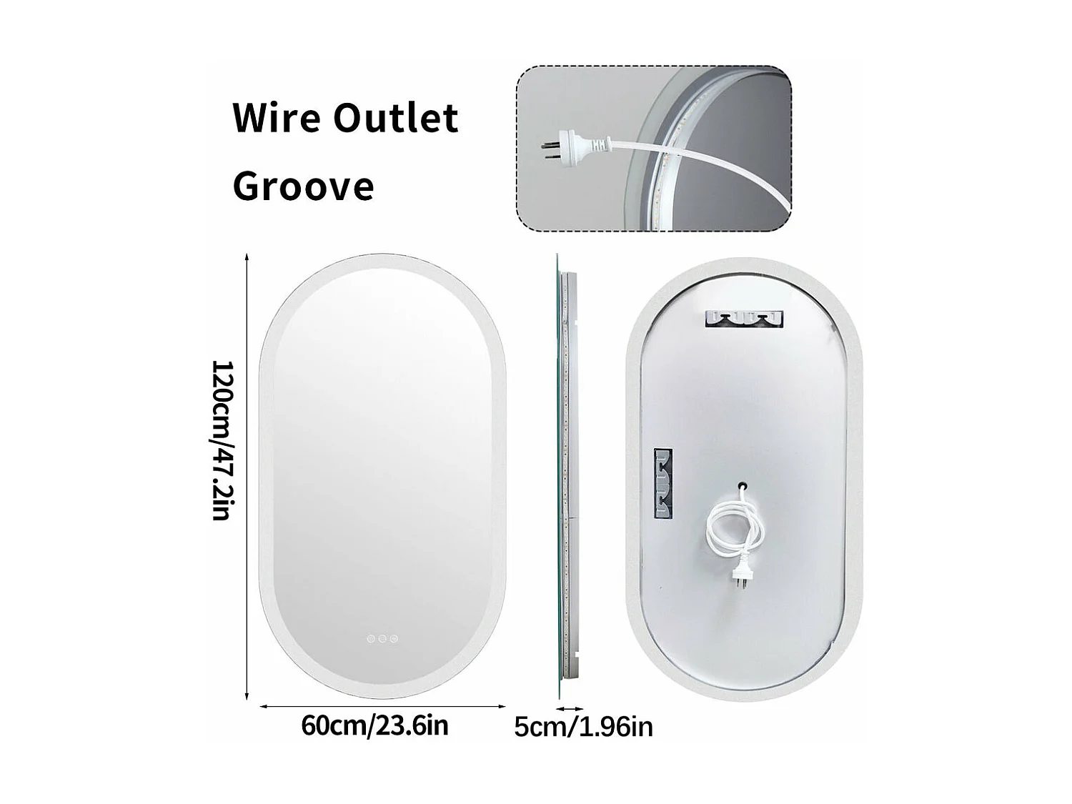 Miroir salle de bain led ovale 120x60cm miroir lumineux avec 3 couleurs réglables anti buée 60x120cm