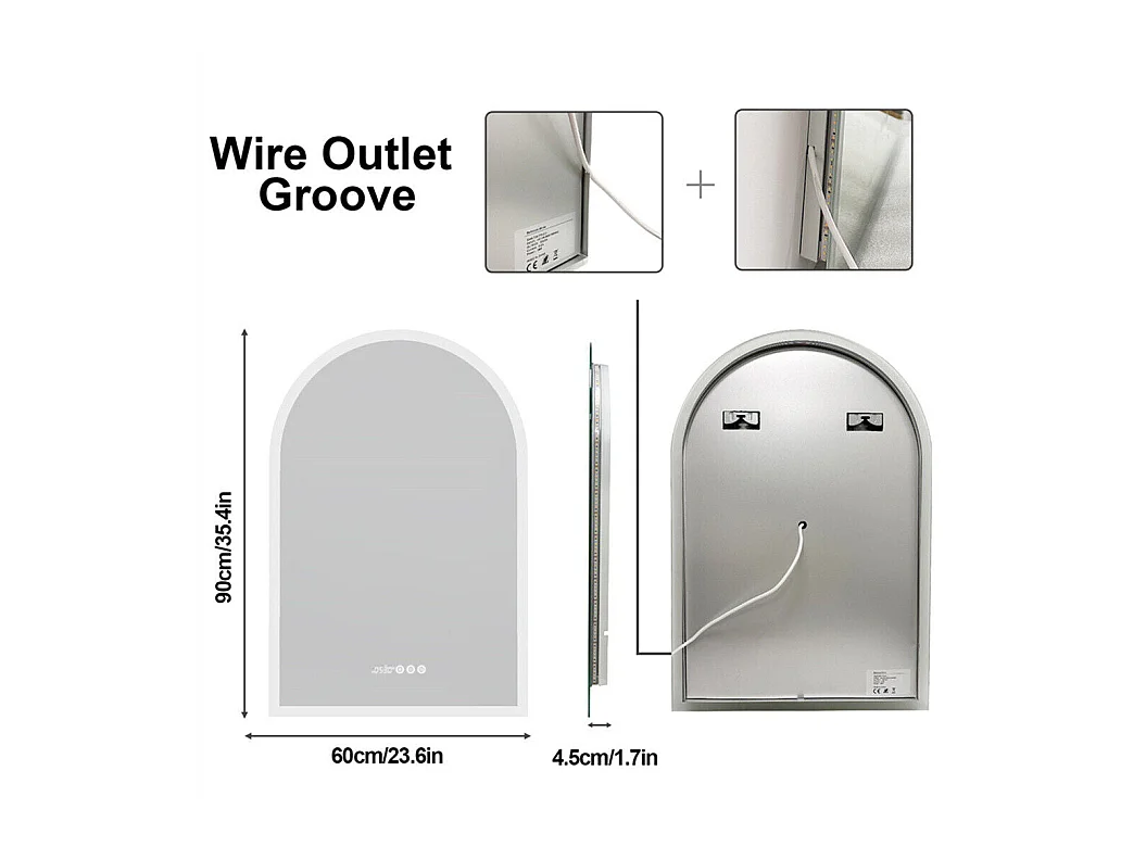 Miroir salle de bain led 60x90cm miroir avec bluetooth tricolore anti-buée 90x60cm