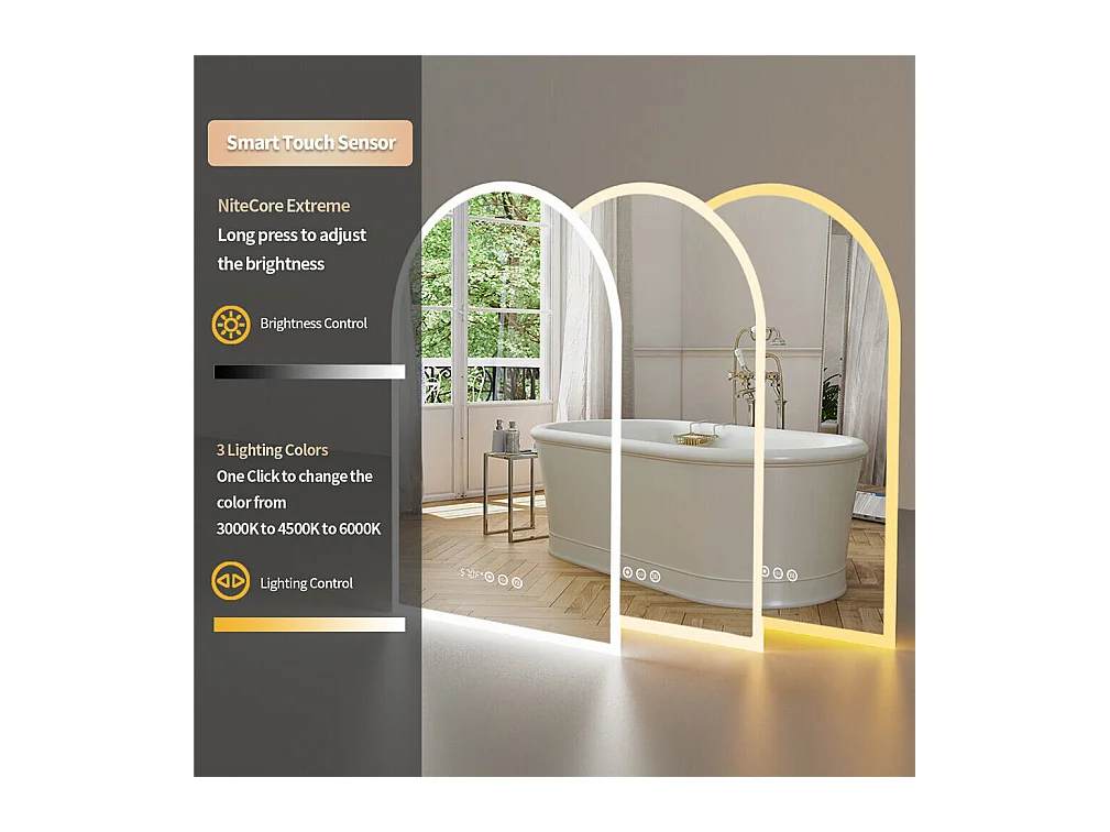Miroir salle de bain led 60x90cm miroir avec bluetooth tricolore anti-buée 90x60cm