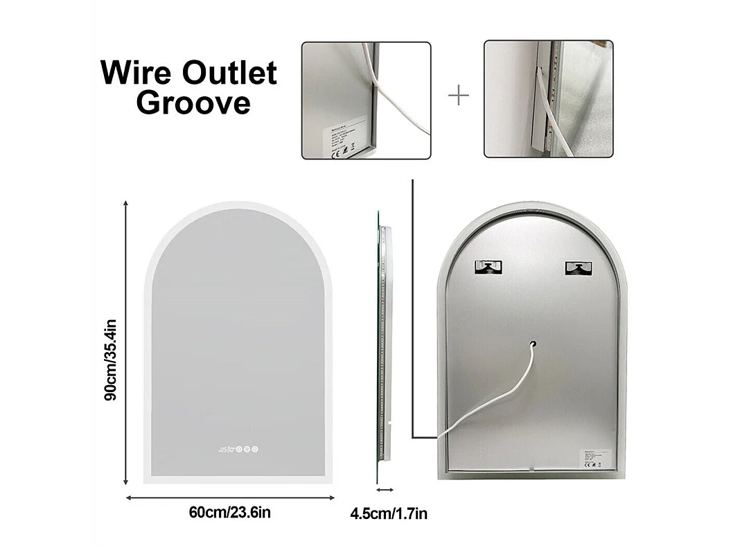 Miroir salle de bain led 60x90cm miroir avec bluetooth tricolore anti-buée 90x60cm