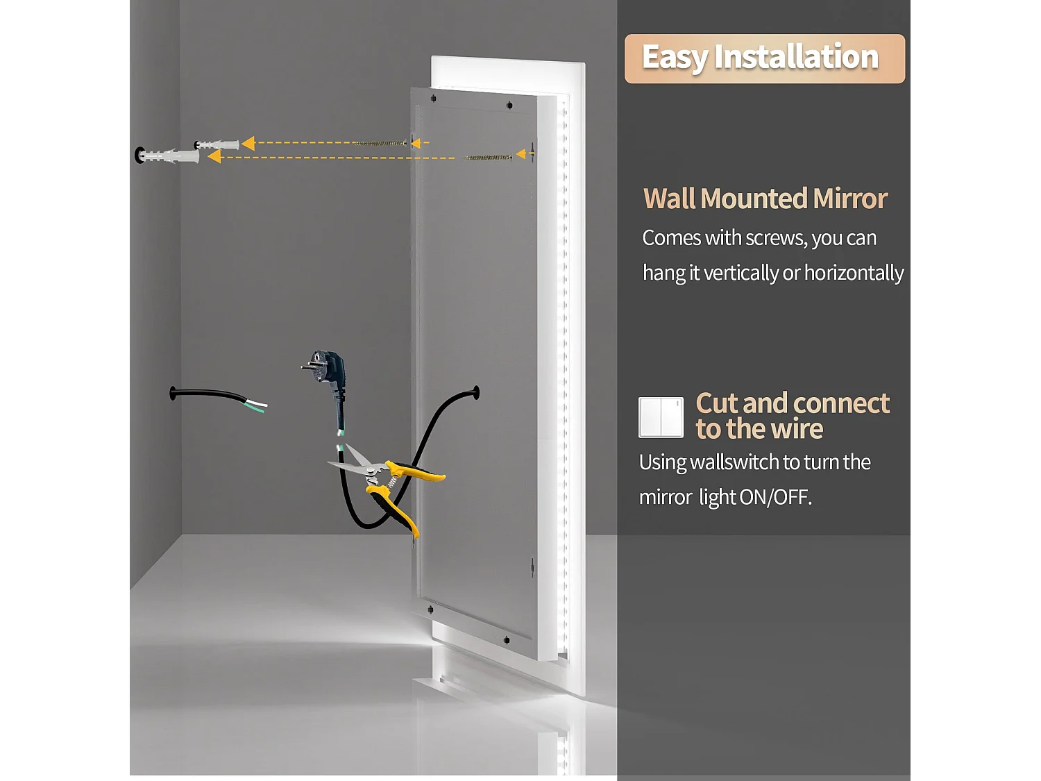 Miroir salle de bain led 40x50cm miroir mural avec éclairage anti-buée 40x50cm