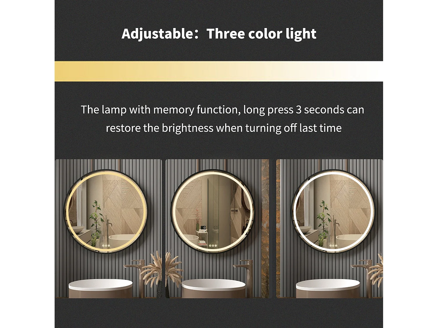 Miroir salle de bain led rond 60com miroir lumineux mural avec 3 couleurs réglable antibuée 60x60cm