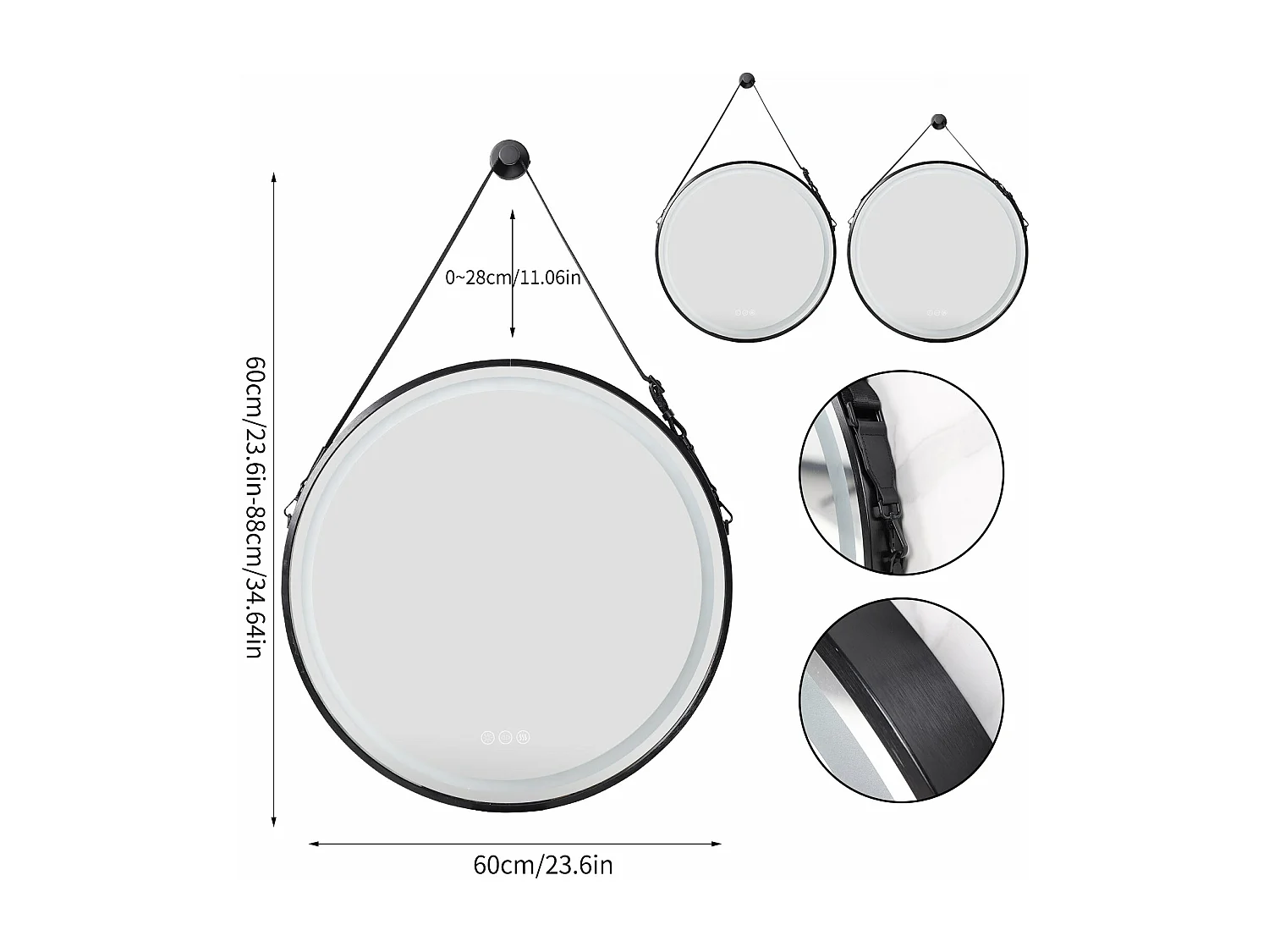 Miroir salle de bain led rond 60com miroir lumineux mural avec 3 couleurs réglable antibuée 60x60cm