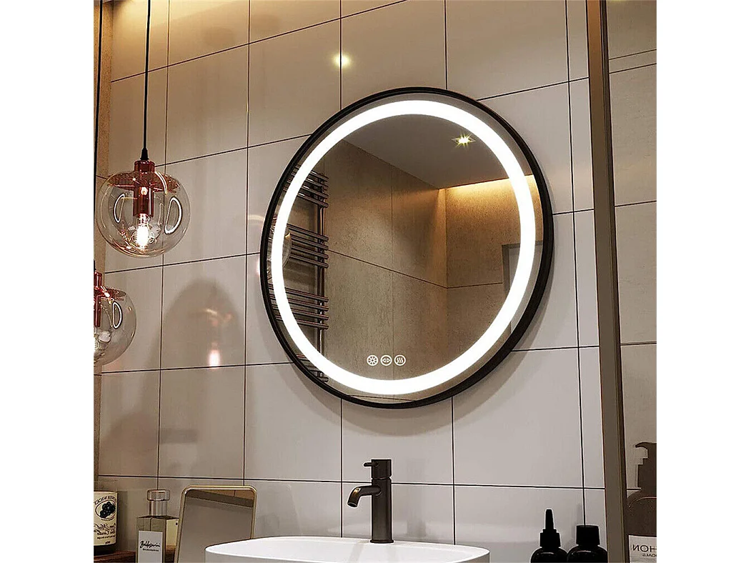 Miroir salle de bain led rond 60com miroir lumineux mural avec 3 couleurs réglable antibuée 60x60cm