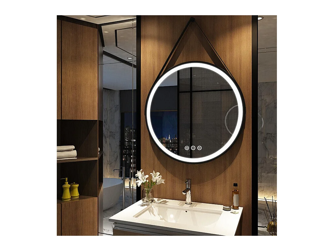 Espelho redondo LED para banheiro 60cm espelho de parede iluminado com 3 cores ajustáveis ​​antiembaçante 60x60cm