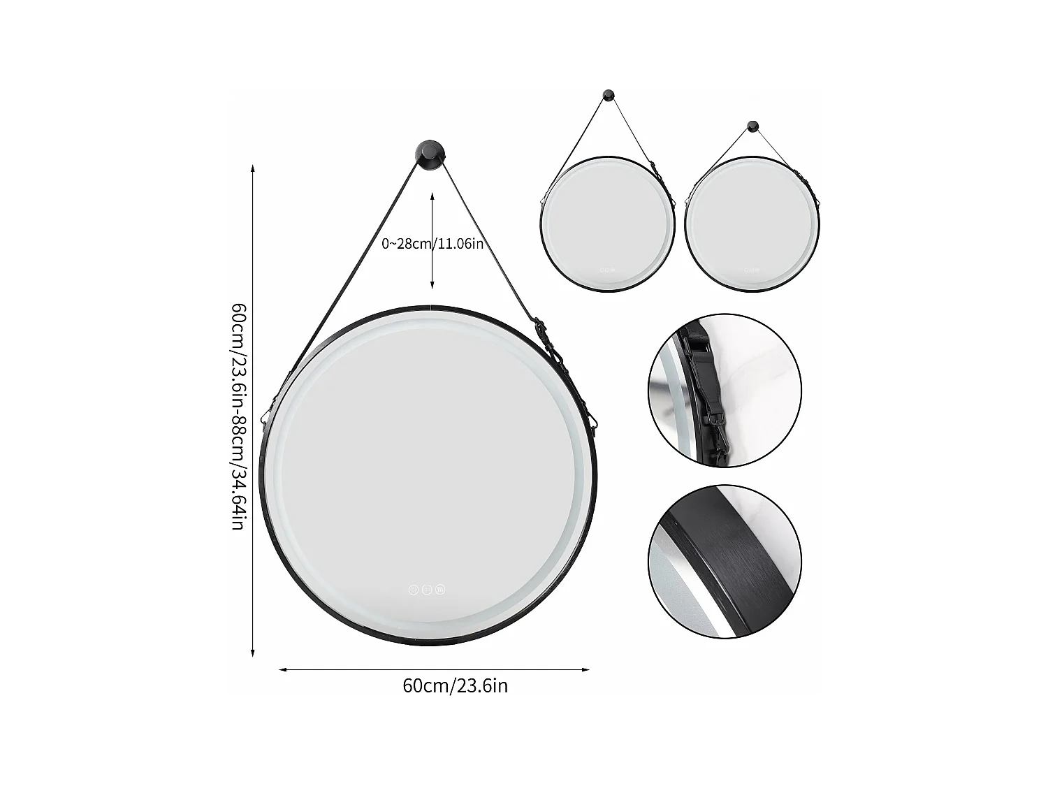 Espejo de baño LED redondo 60com espejo iluminado de pared con 3 colores ajustables antivaho 60x60cm