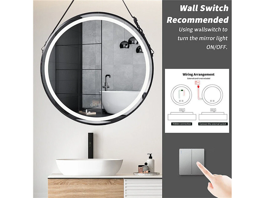 Runder LED Badezimmerspiegel 60com Wandspiegel mit Beleuchtung und 3 einstellbaren Farben Antibeschlag 60x60cm