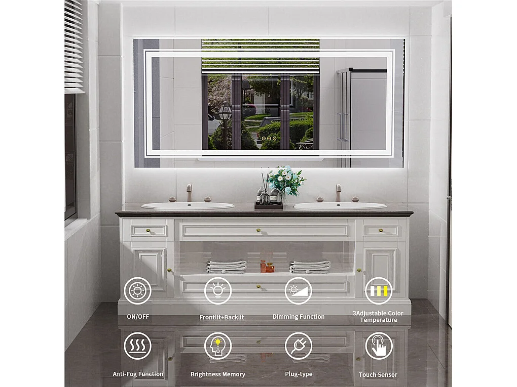 Miroir de salle de bain led 100x60cm miroir mural rectangulaire anti-buée 100x60cm