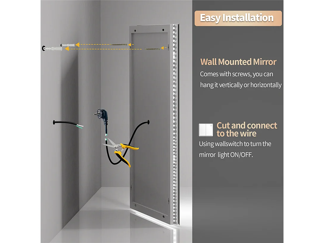 Miroir de salle de bain led 160x80cm miroir mural rectangulaire avec éclairage anti-buée 160x80cm