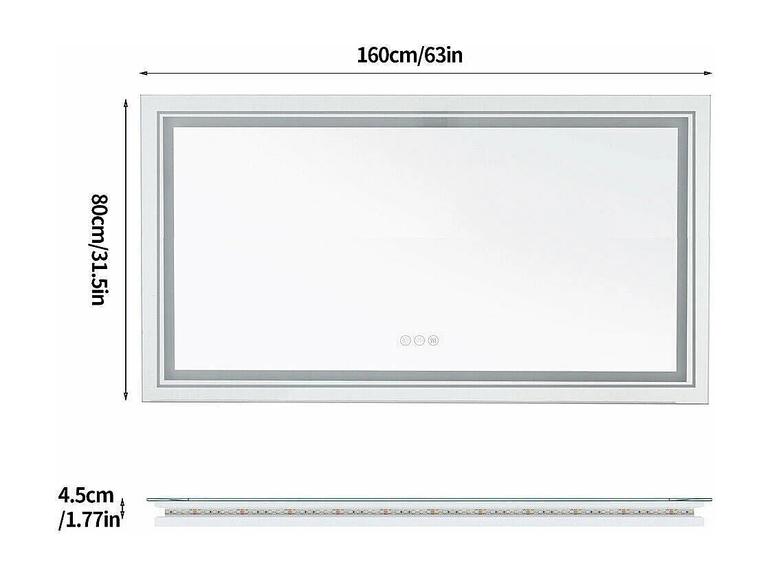 Miroir de salle de bain led 160x80cm miroir mural rectangulaire avec éclairage anti-buée 160x80cm