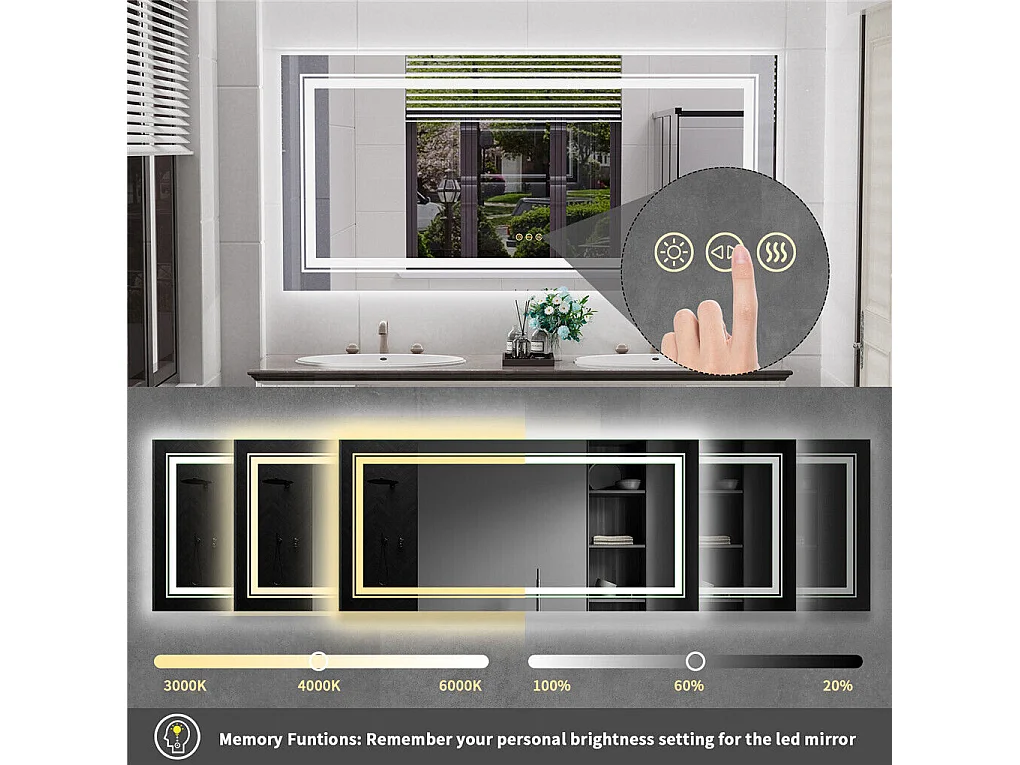 Miroir de salle de bain led 160x80cm miroir mural rectangulaire avec éclairage anti-buée 160x80cm