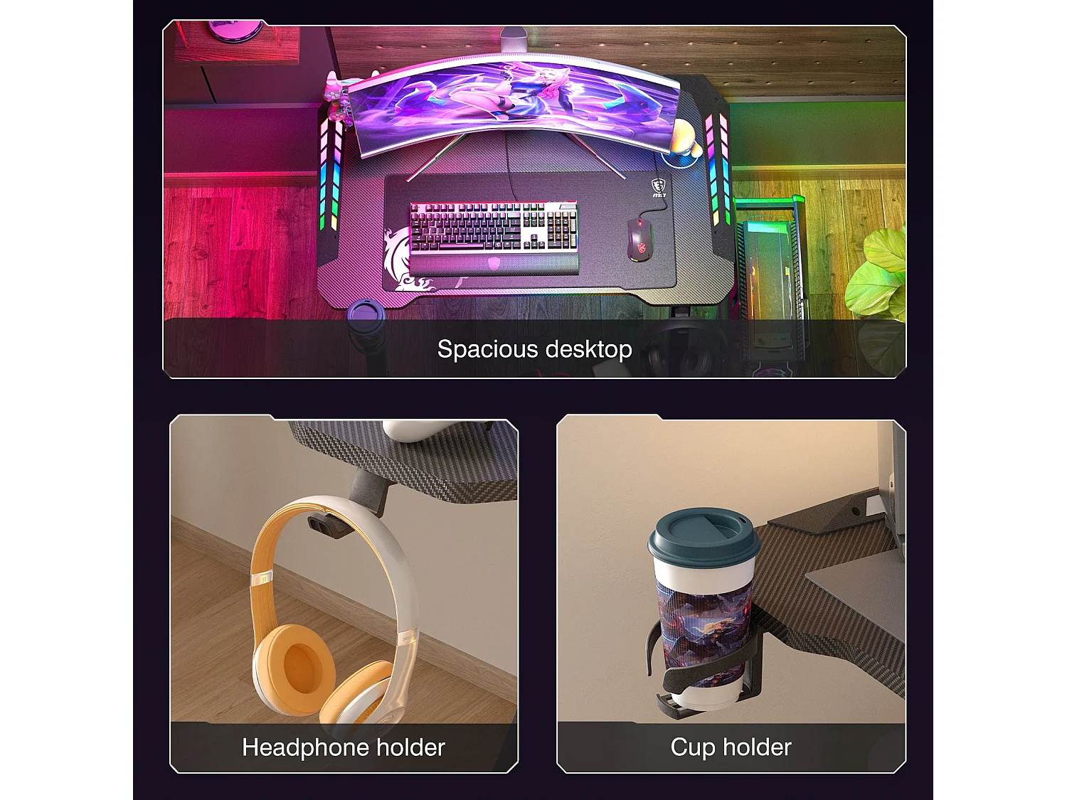 Bureau gaming led bureau gamer rgb informatique pour ordinateur avec support casque et porte gobelet 100x60x73cm