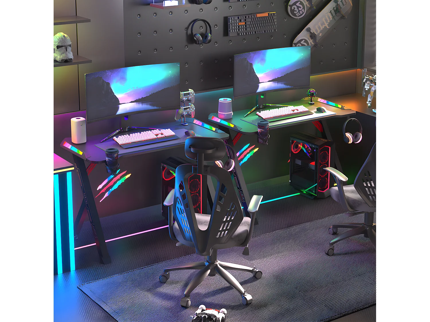 Bureau gaming led bureau gamer rgb informatique pour ordinateur avec support casque et porte gobelet 100x60x73cm