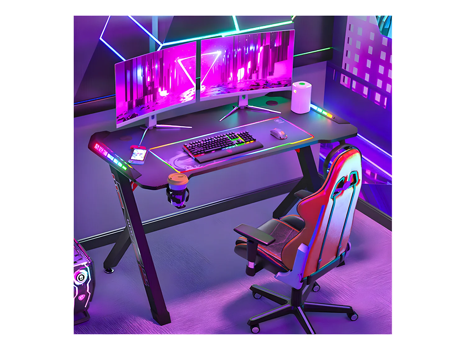 Bureau gaming led bureau gamer rgb informatique pour ordinateur avec support casque et porte gobelet 100x60x73cm