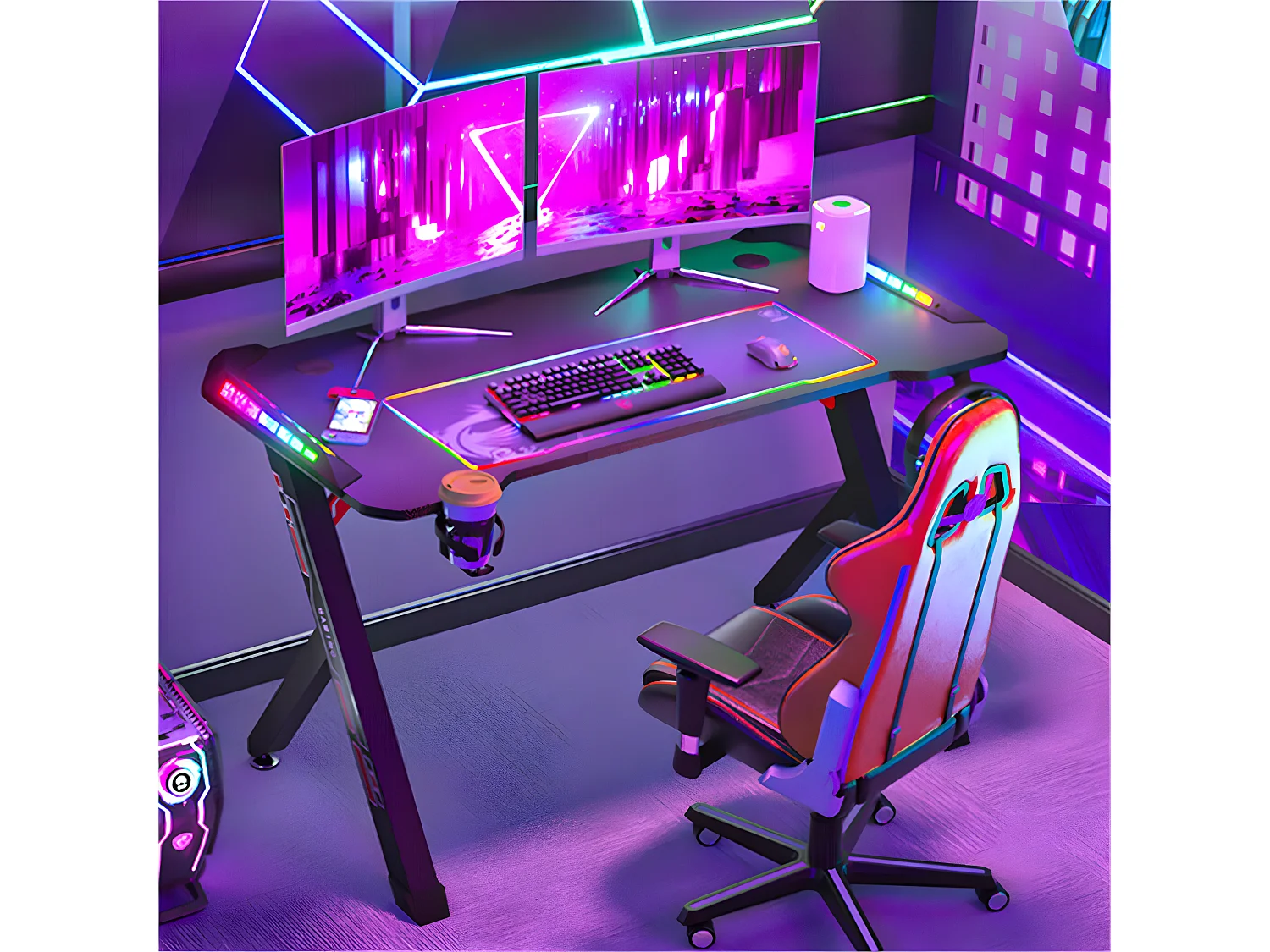Bureau gaming led bureau gamer rgb informatique pour ordinateur avec support casque et porte gobelet 100x60x73cm