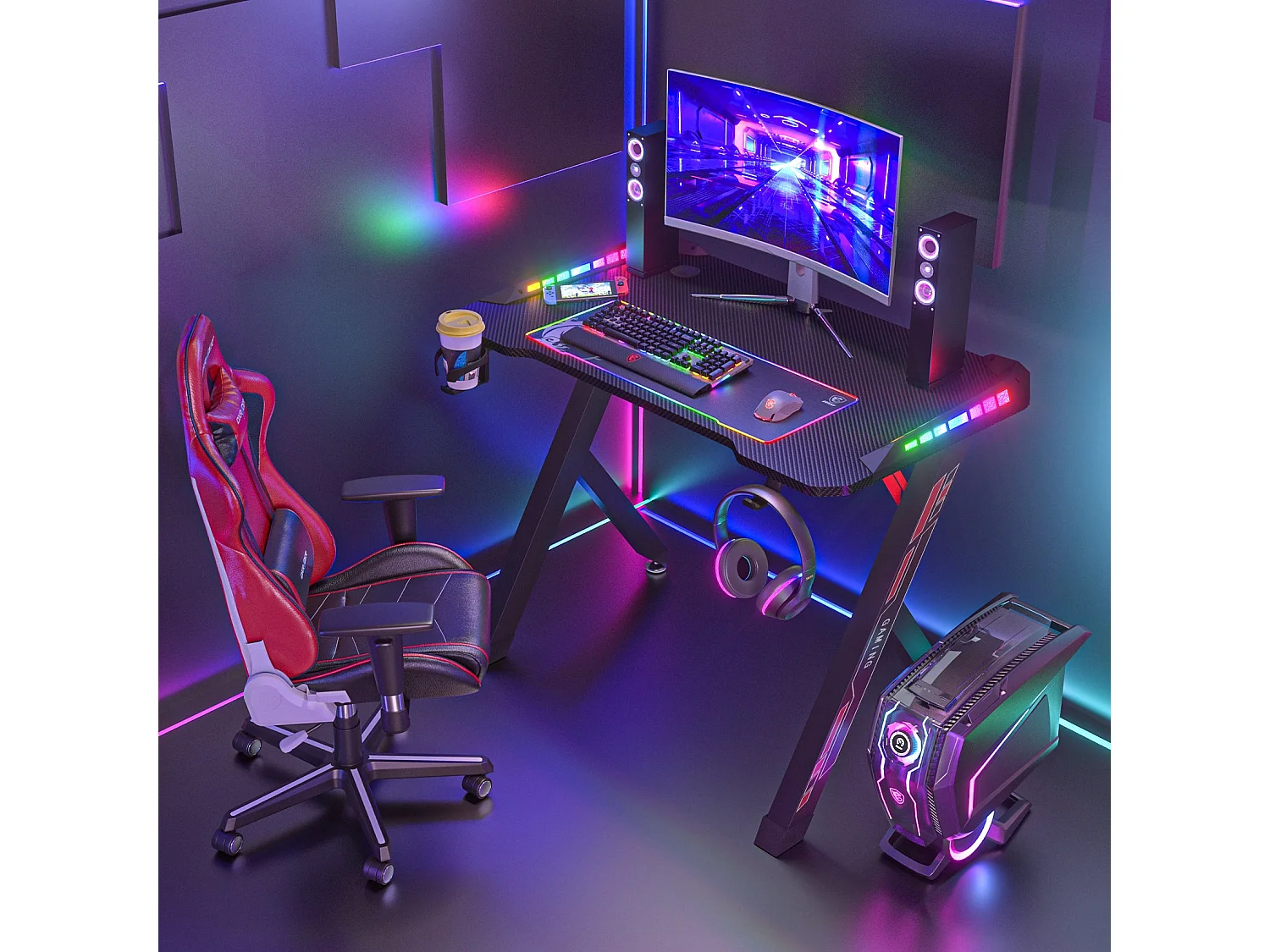 Bureau gaming led bureau gamer rgb informatique pour ordinateur avec support casque et porte gobelet 100x60x73cm