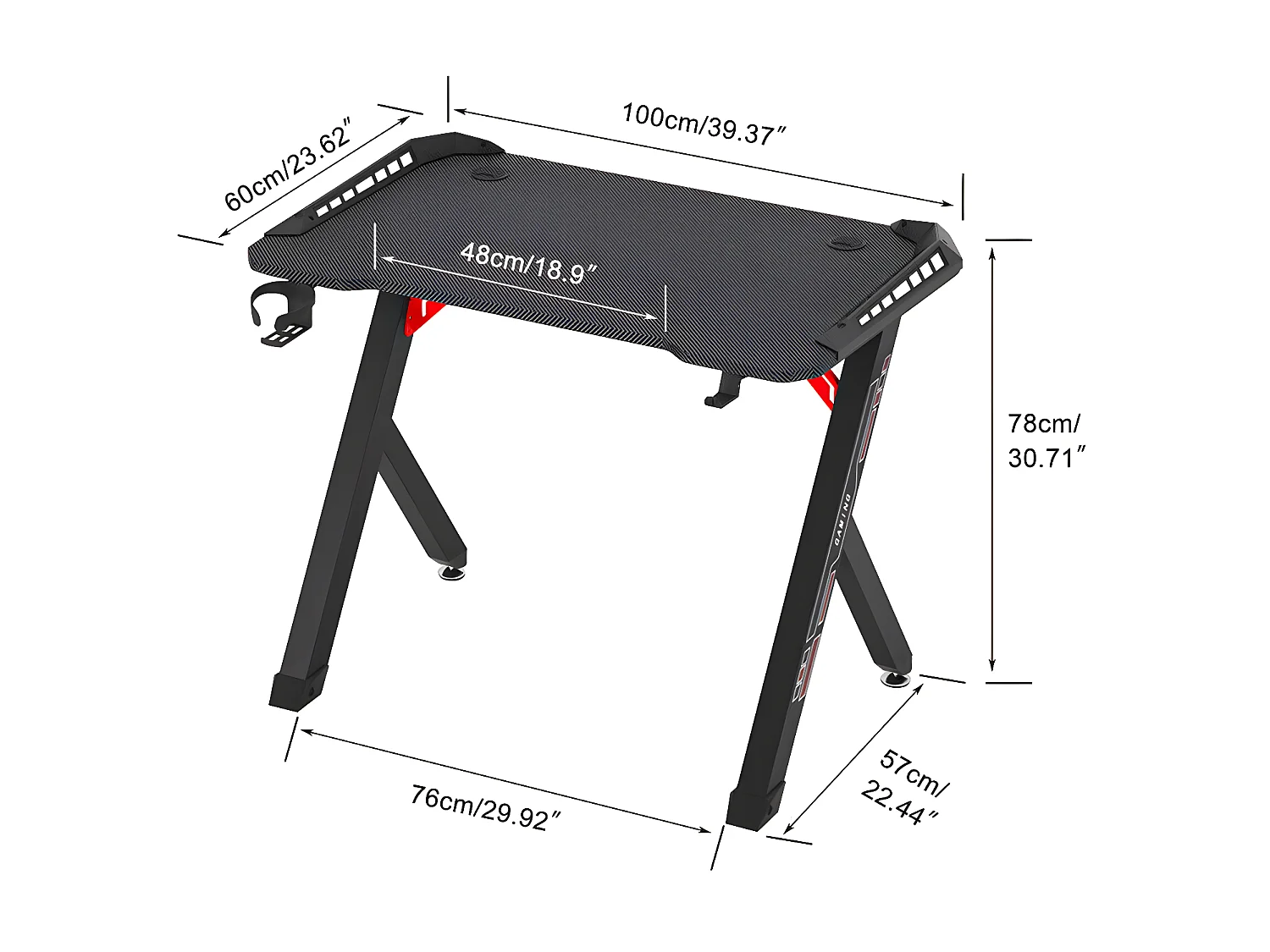 Bureau gaming led bureau gamer rgb informatique pour ordinateur avec support casque et porte gobelet 100x60x73cm