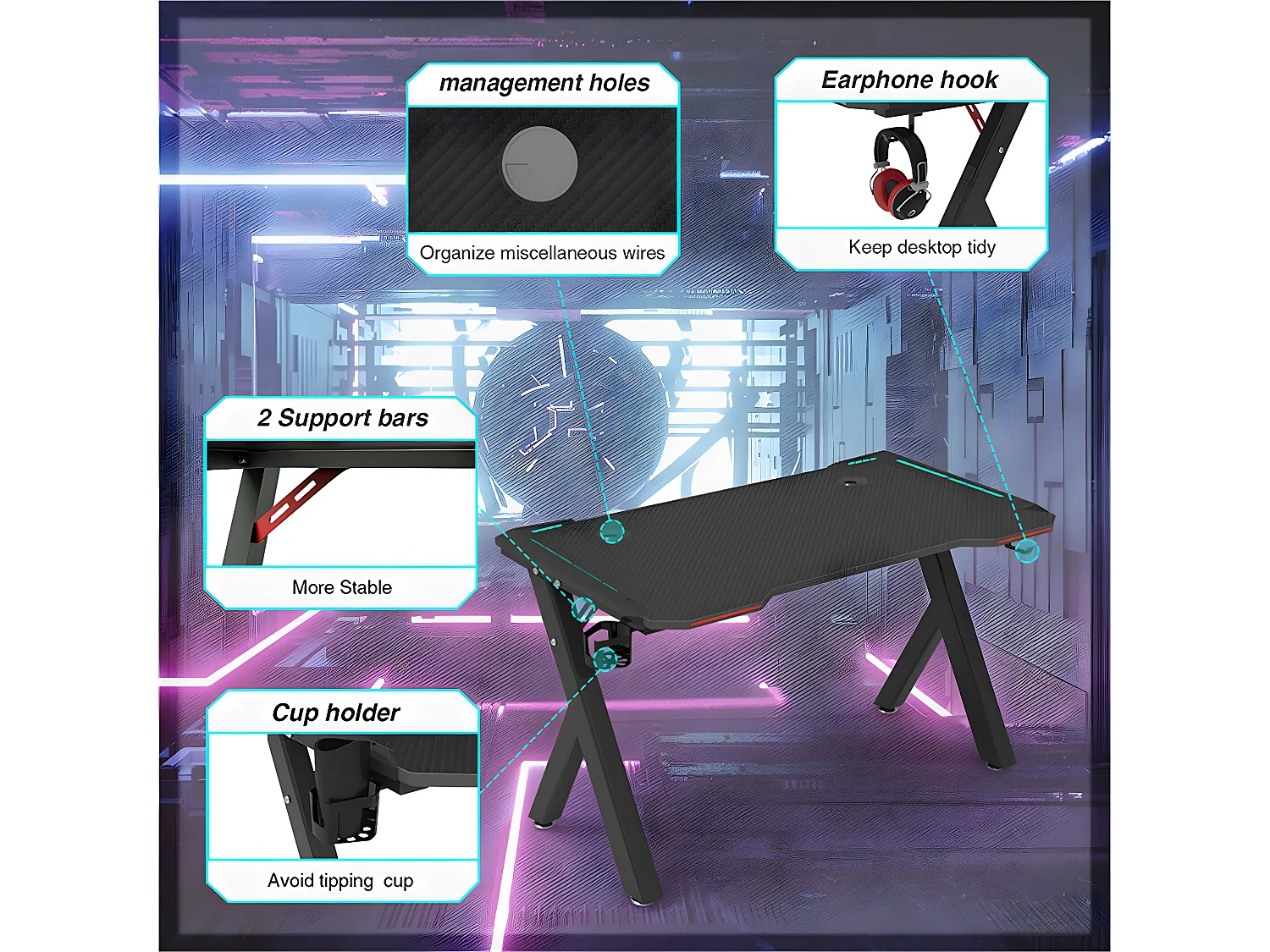 Bureau gaming led bureau gamer rgb informatique pour ordinateur avec support casque et porte gobelet 100x60x73cm