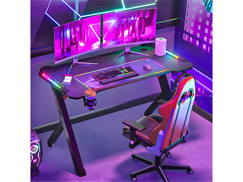 Bureau gaming led bureau gamer rgb informatique pour ordinateur avec support casque et porte gobelet 100x60x73cm