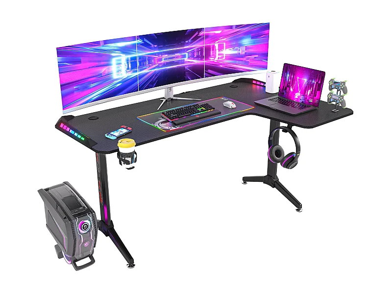 Bureau d'angle gaming led informatique design en forme l table gamer rgb d'ordinateur avec porte casque - modèle droite 160x100x75cm