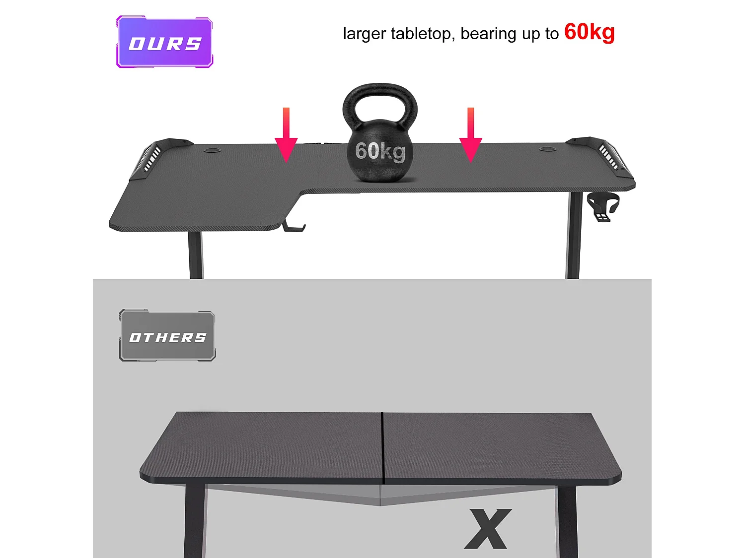 Bureau d'angle gaming led informatique design en forme l table gamer rgb d'ordinateur avec porte casque - modèle droite 160x100x75cm