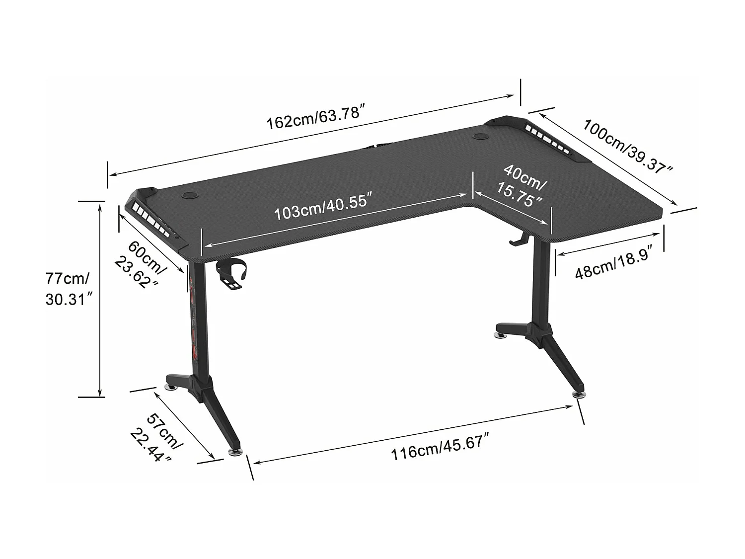 Bureau d'angle gaming led informatique design en forme l table gamer rgb d'ordinateur avec porte casque - modèle droite 160x100x75cm