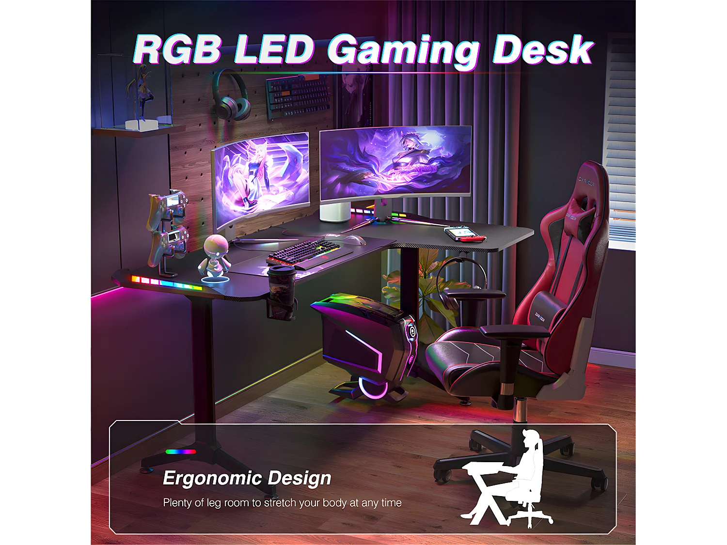 Bureau d'angle gaming led informatique design en forme l table gamer rgb d'ordinateur avec porte casque - modèle droite 160x100x75cm