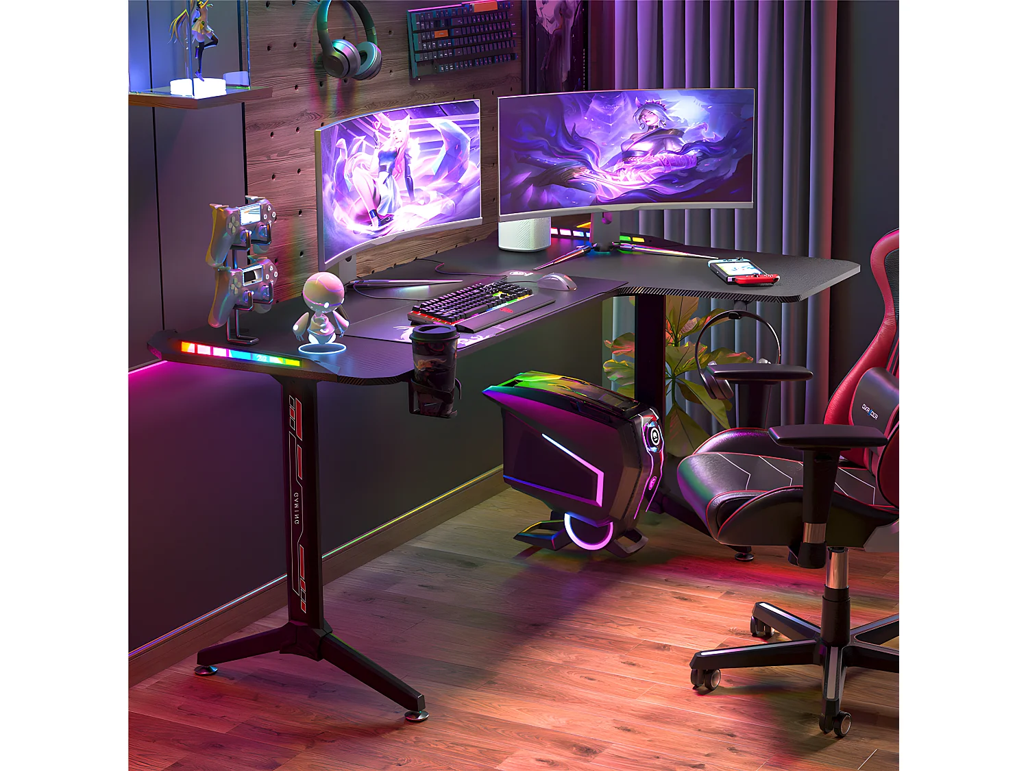 Bureau d'angle gaming led informatique design en forme l table gamer rgb d'ordinateur avec porte casque - modèle droite 160x100x75cm